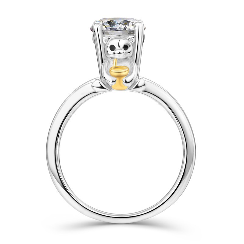 Round Cut White Sapphire 925 Sterling Silver "Bear Holding Cup" Ring