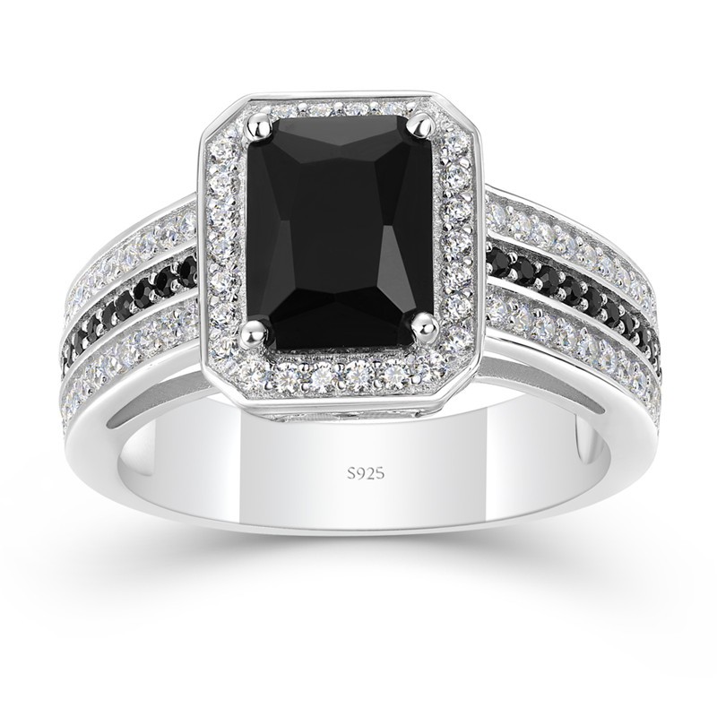 Radiant Cut Black Sapphire 925 Sterling Silver Halo Engagement Ring