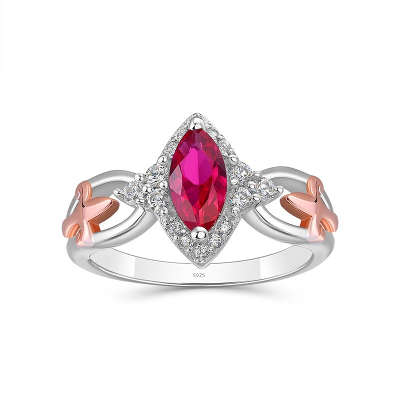 Marquise Cut Ruby 925 Sterling Silver Two Tone Halo Engagement Ring