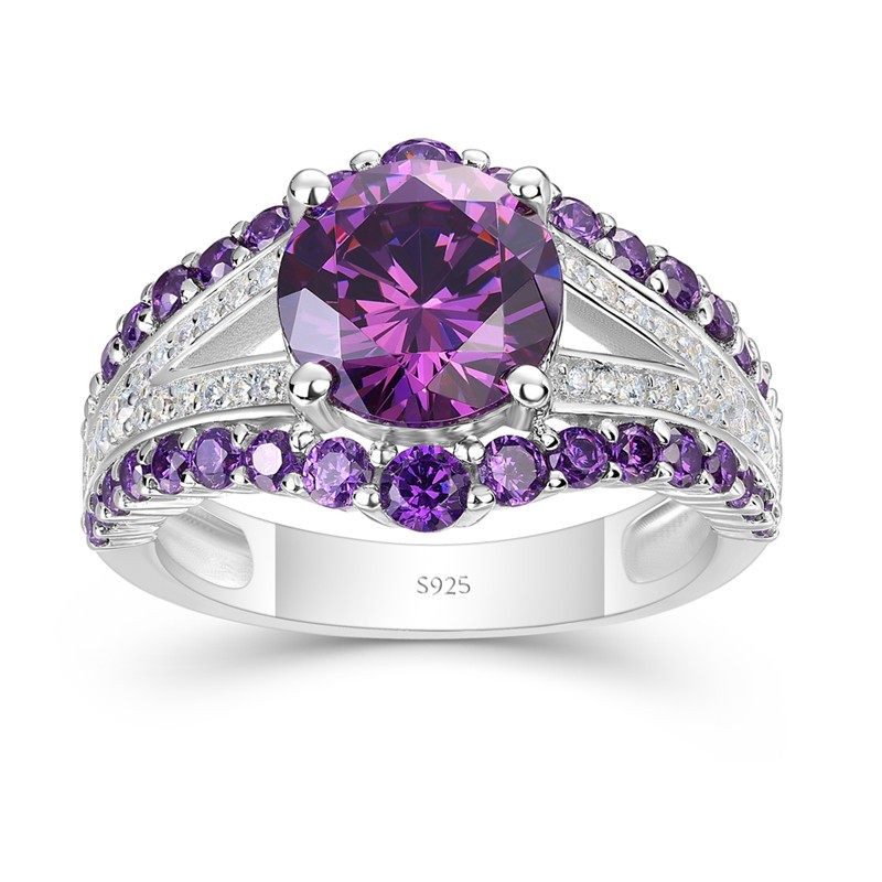 Round Cut Amethyst 925 Sterling Silver Split Shank Engagement Ring