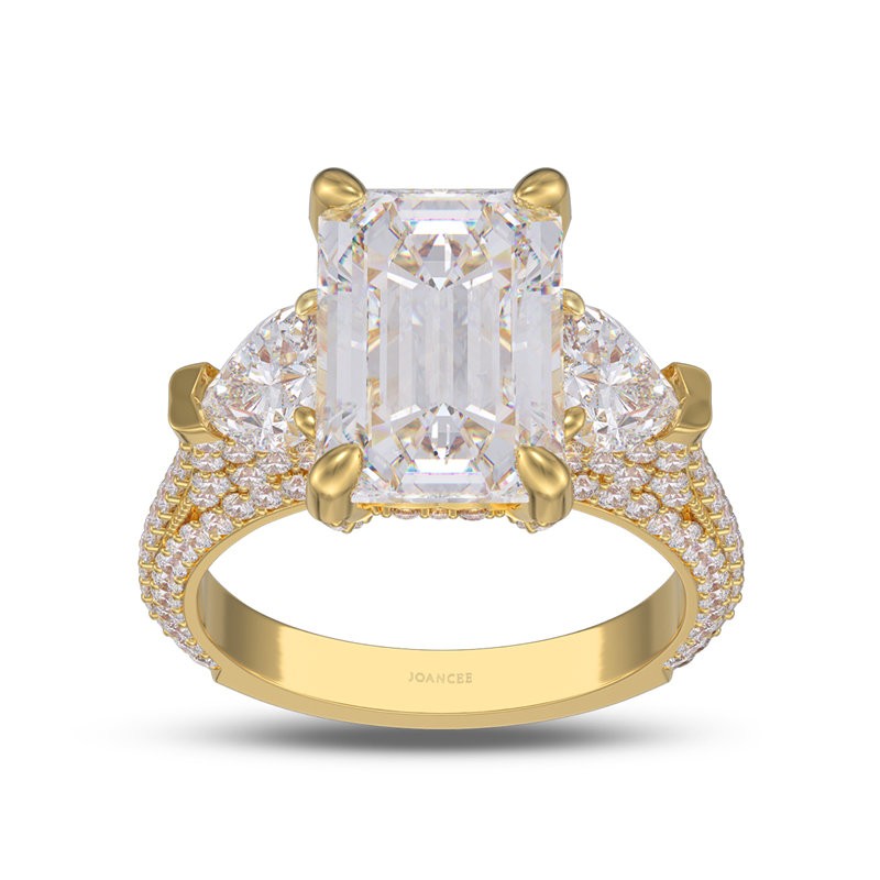 Yellow Gold Emerald Cut White Sapphire 925 Sterling Silver 3-Stone Engagement Ring