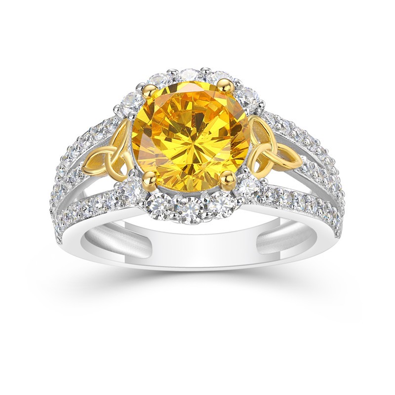 Round Cut Yellow Topaz 925 Sterling Silver Trinity Knot Halo Engagement Ring