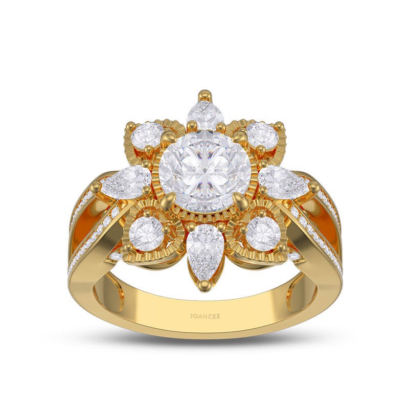 Yellow Gold Round Cut White Sapphire 925 Sterling Silver Flower Ring
