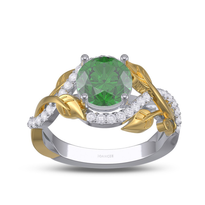 Round Cut Emerald 925 Sterling Silver Two Tone Leaf Engagement Ring