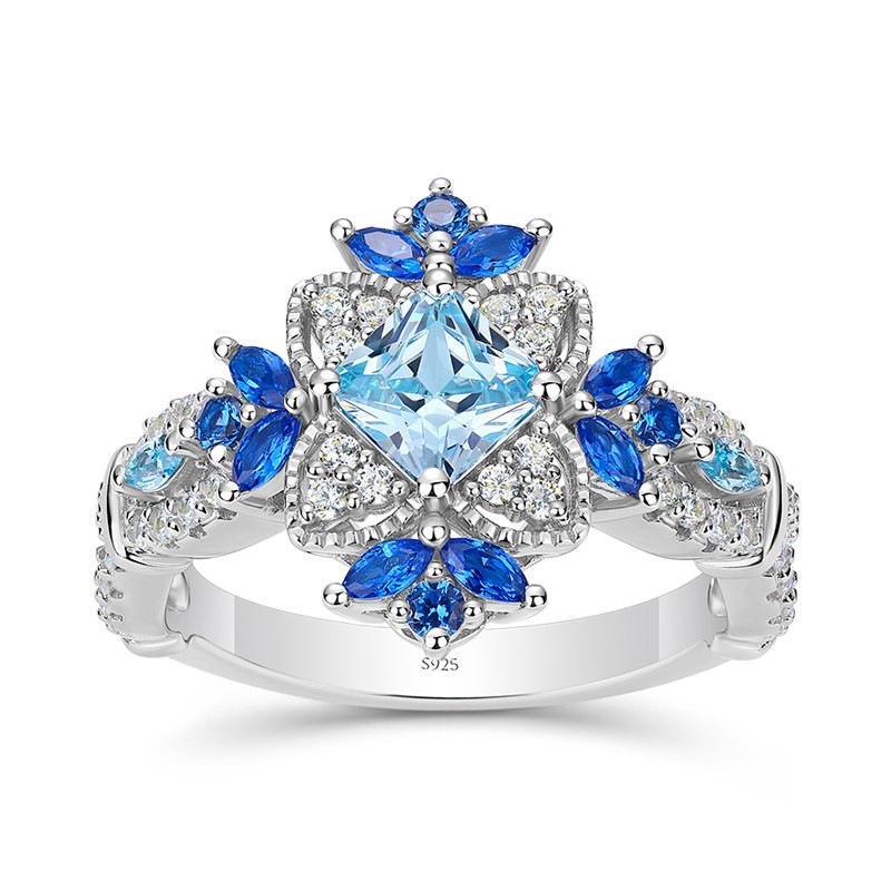 Art Deco Princess Cut Aquamarine 925 Sterling Silver Engagement Ring
