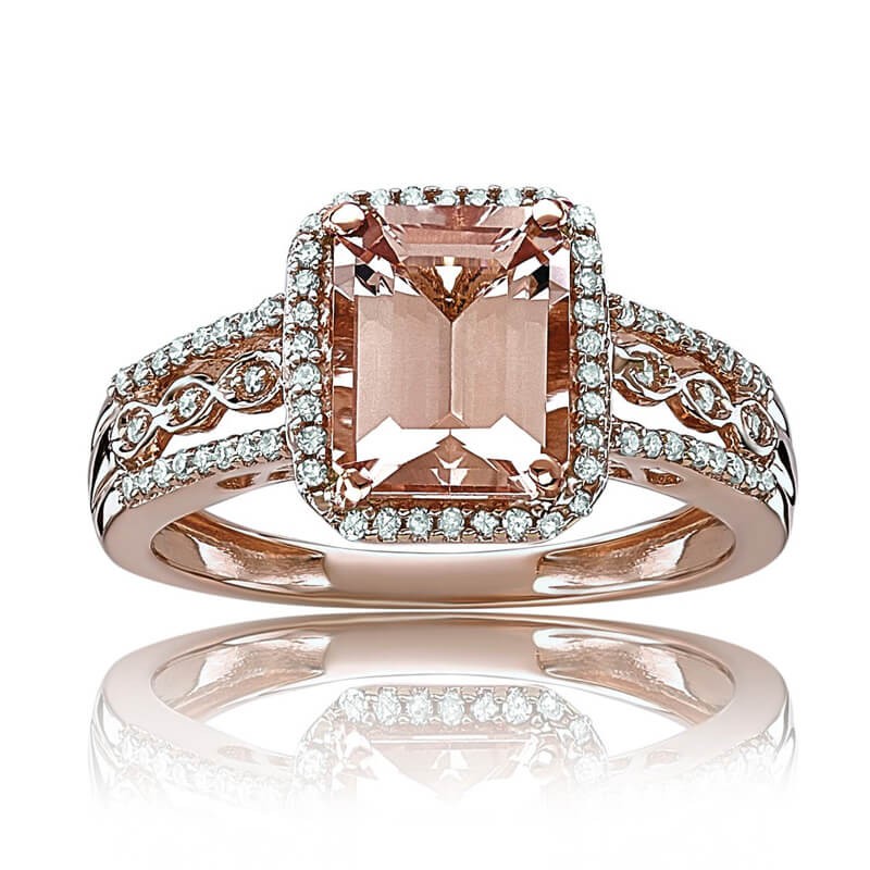 Rose Gold Emerald Cut Morganite-Pink Sapphire 925 Sterling Silver Double Halo Engagement Ring