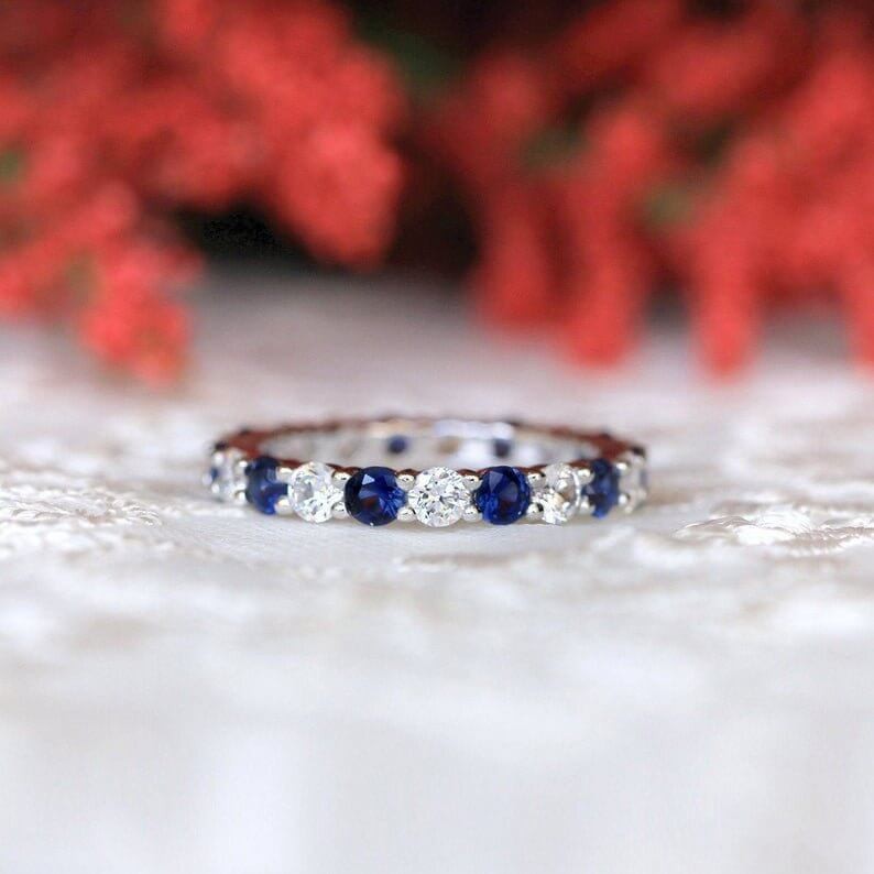 Round Cut Blue & White Sapphire Sterling Silver Eternity Wedding Band for Women