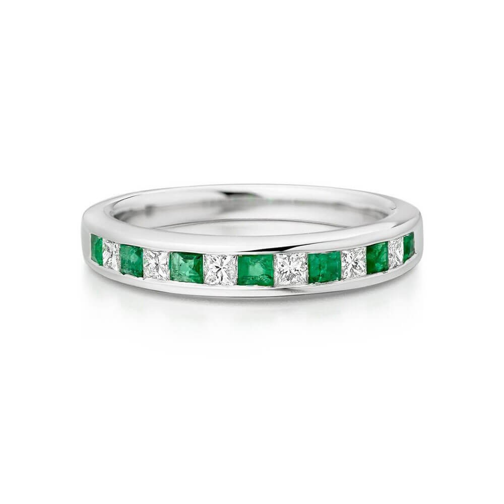 Princess Cut Emerald and White Sapphire 925 Sterling Silver Women's Wedding Band