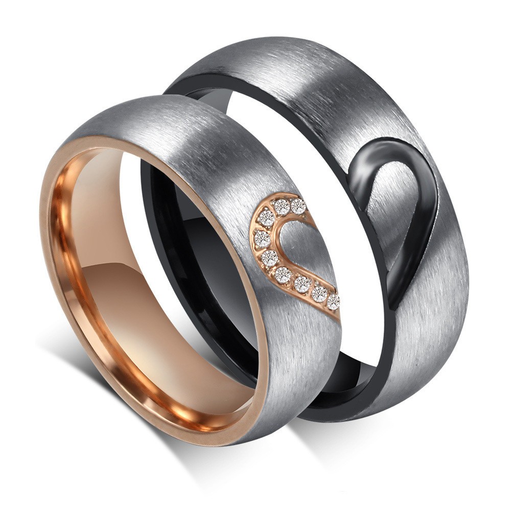 Elegant Heart Design Titanium Steel Gemstone Promise Ring for Couples