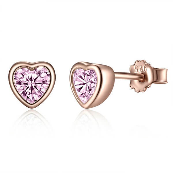 Rose Gold Heart Pink Sapphire Sterling Silver Stud Earrings