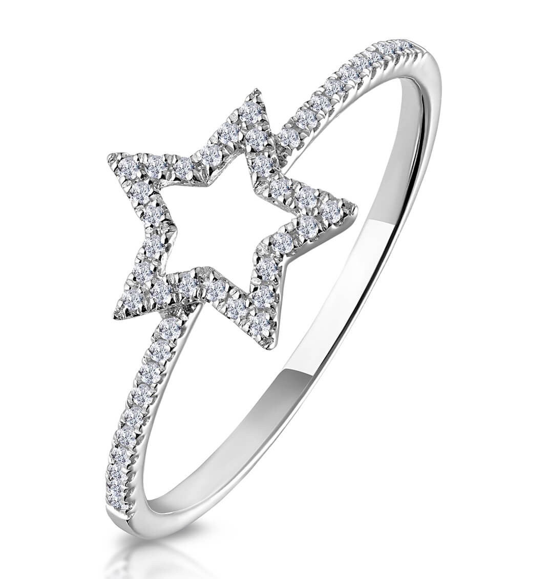 Round Cut White Sapphire Star Hollow Sterling Silver Ring