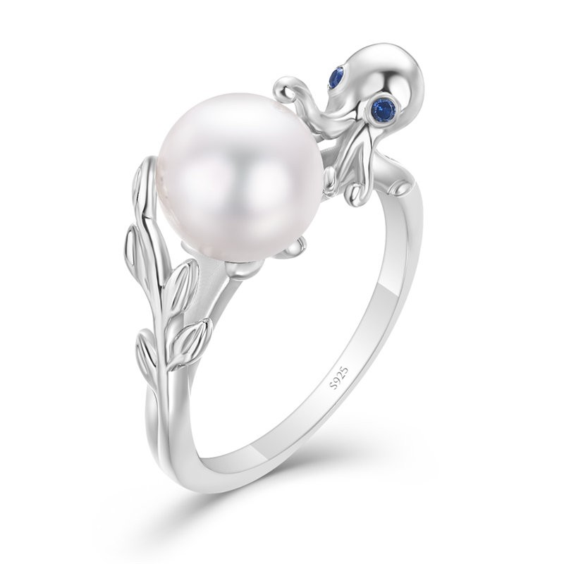 Round Pearl 925 Sterling Silver Octopus Ring