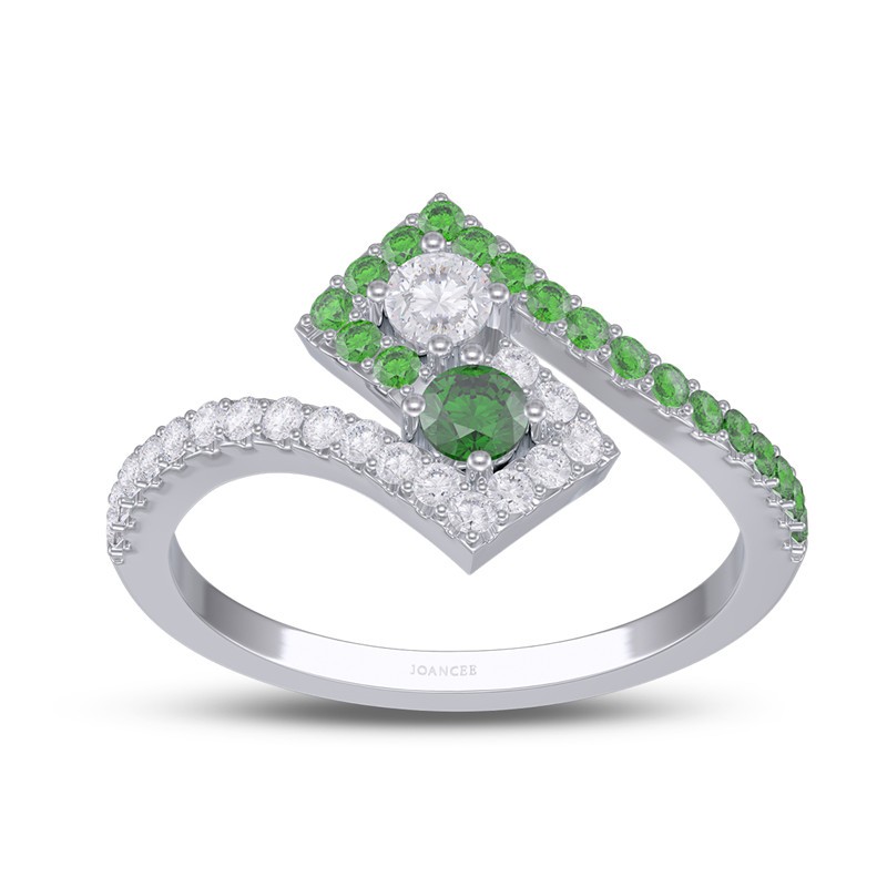 Round Cut White Sapphire and Emerald 925 Sterling Silver Swirl Engagement Ring