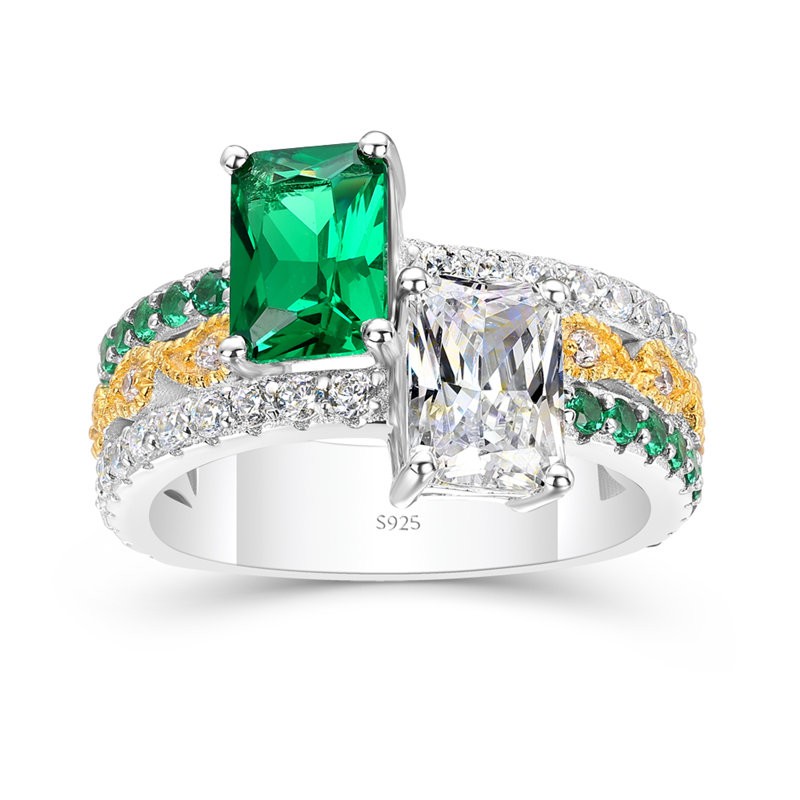Radiant Cut White Sapphire and Emerald 925 Sterling Silver Toi et Moi Ring