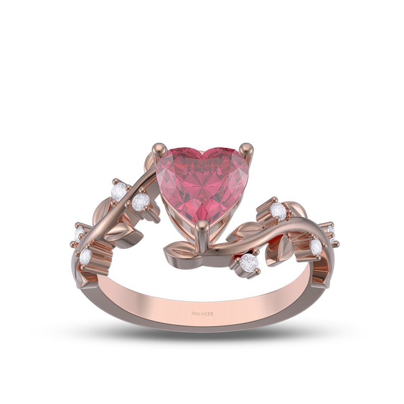 Rose Gold Heart Cut Ruby 925 Sterling Silver Leaf Promise Ring