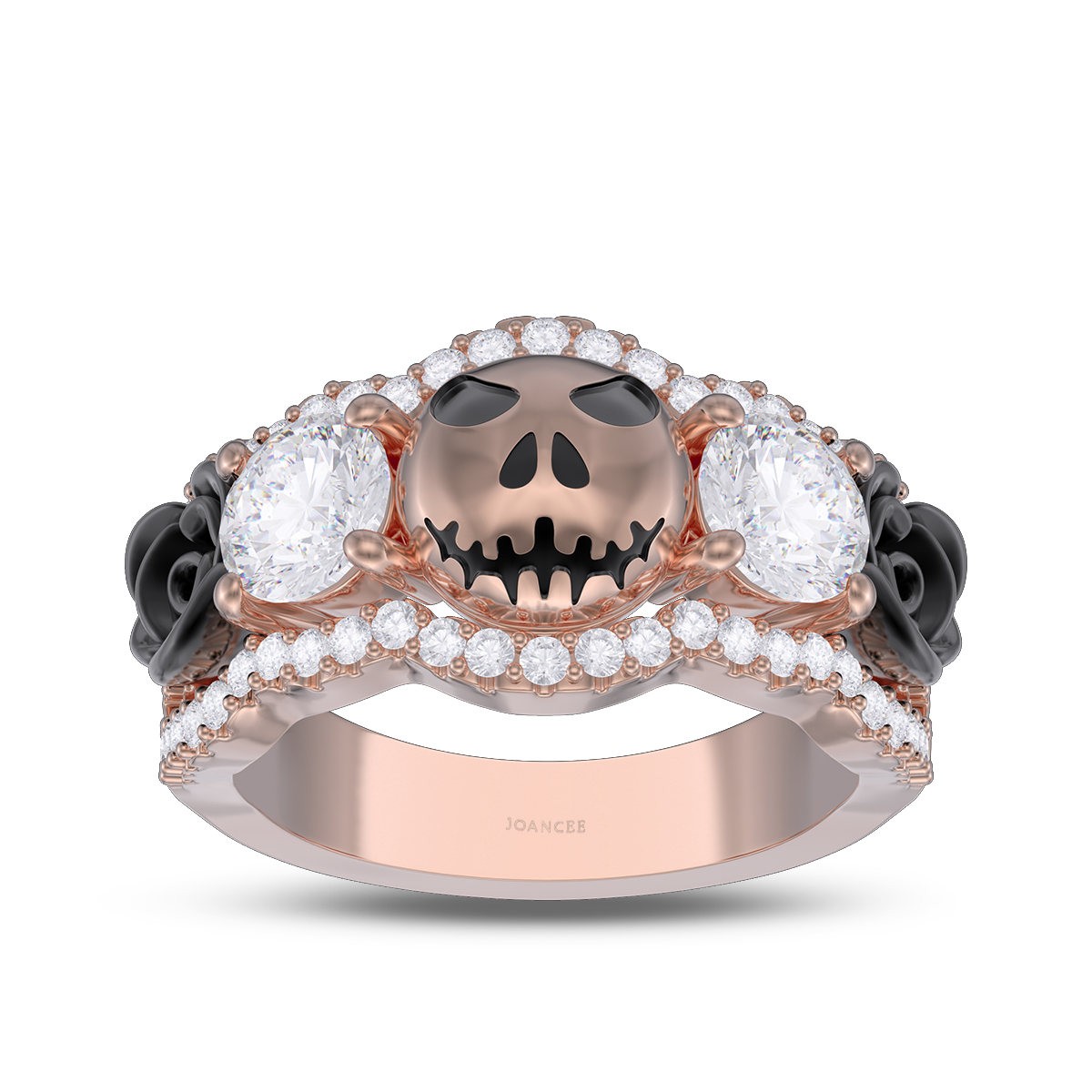 Rose Gold Halloween White Sapphire 925 Sterling Silver Floral Skull Ring