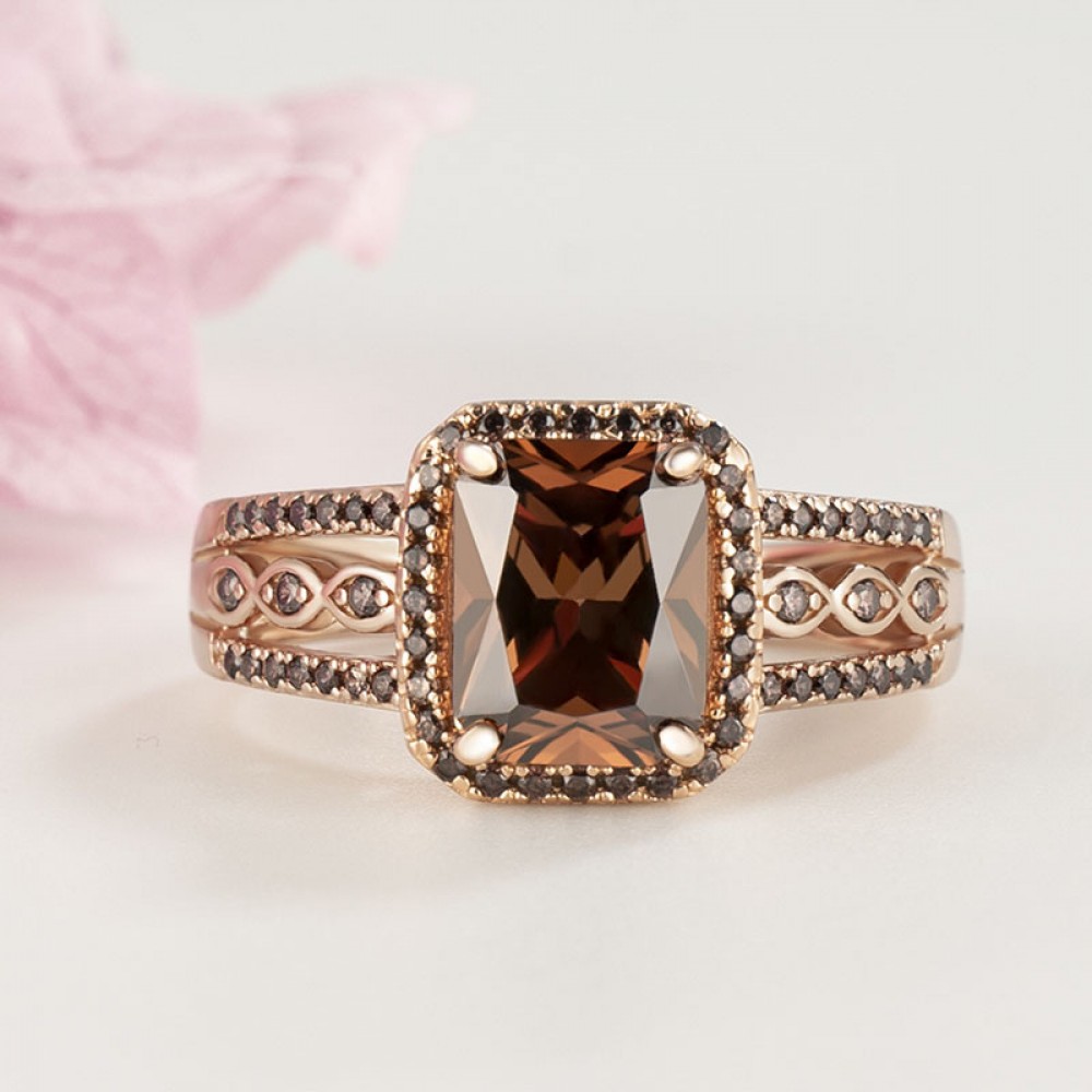 Rose Gold Emerald Cut Chocolate Sterling Silver Halo Engagement Ring Joancee Jewelry