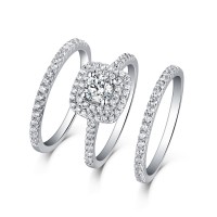 Round Cut White Sapphire 3 Piece 925 Sterling Silver Halo Ring Sets