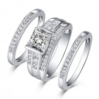 Princess Cut 925 Sterling Silver White Sapphire 3 Piece Ring Sets