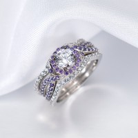 Round Cut White Sapphire 925 Sterling Silver Amethyst Twisted Halo 3-Piece Bridal Sets