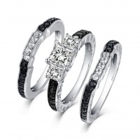 Princess Cut Black & White Sapphire S925 Silver 3-Stone 3 Piece Ring Sets