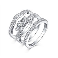 Round Cut White Sapphire 3 Piece 925 Sterling Silver 3-Stone Ring Sets