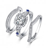 Round Cut S925 Silver White Sapphire 3 Piece Halo Ring Sets