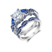 Cushion Cut Blue Sapphire Sterling Silver 2 Pieces Twisted Bridal Sets