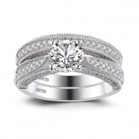 Round Cut White Sapphire Sterling Silver Women's Bridal Ring Set
