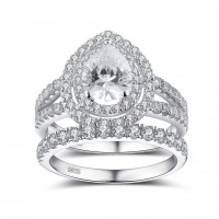 Pear Cut White Sapphire 925 Sterling Silver Women's Ring Bridal Set