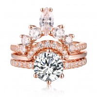 Round Cut S925 Silver White Sapphire Rose Gold Art Deco 3 Piece Sets