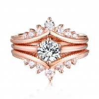 Round Cut S925 Silver White Sapphire Rose Gold 3 Piece Ring Sets