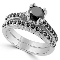 Vintage Round Cut Black Sapphire 925 Sterling Silver Bridal Sets