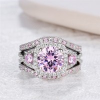 Round Cut Pink Sapphire 925 Sterling Silver Twisted Halo 3-Piece Bridal Sets