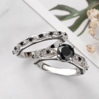 Vintage Round Cut Black Sapphire Sterling Silver Bridal Ring Sets