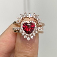 Rose Gold Heart Cut Ruby 925 Sterling Silver 3-Piece Bridal Sets