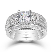 Princess Cut White Sapphire Sterling Silver 3-Stone Trio Bridal Ring Sets