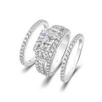 Princess Cut White Sapphire Sterling Silver Halo 3 Pieces Bridal Sets