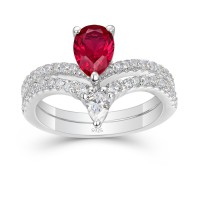 Pear Cut Ruby Sterling Silver Curved Bridal Ring Sets