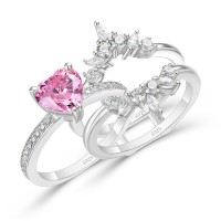 Heart Cut Pink Sapphire Insert Sterling Silver Jacket Bridal Sets