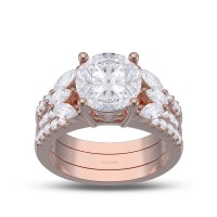 Rose Gold Round Cut White Sapphire 925 Sterling Silver Three Stone Bridal Sets