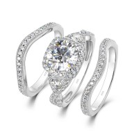 Round Cut White Sapphire Sterling Silver Twisted Halo 3-Piece Bridal Sets