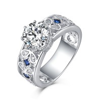 Round Cut 925 Sterling Silver Sapphire & White Sapphire Engagement Rings