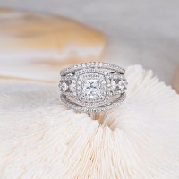 Cushion Cut White Sapphire Sterling Silver Split Shank Enhanced Halo Engagement Ring