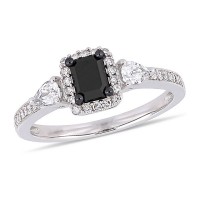 Emerald Cut Black Sapphire 925 Sterling Silver Halo 3-Stone Engagement Ring