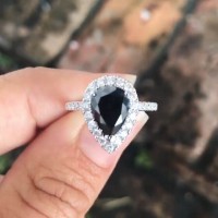 Classic Pear Cut Black Sapphire 925 Sterling Silver Halo Engagement Ring