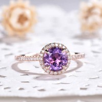 Rose Gold Round Cut Amethyst 925 Sterling Silver Halo Engagement Ring