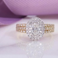 Gold Oval Cut White Sapphire Sterling Silver Double Halo Engagement Ring