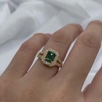Emerald Cut Emerald Sterling Silver Gold Halo Engagement Ring