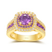 Gold Round Cut Amethyst Sterling Silver Double Halo Engagement Ring